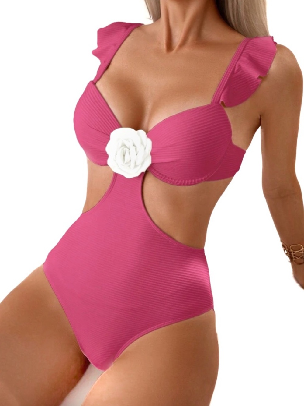 Pink Ribbed Floral Accent Women's One Piece Cutout Bikini - White Flower Detail